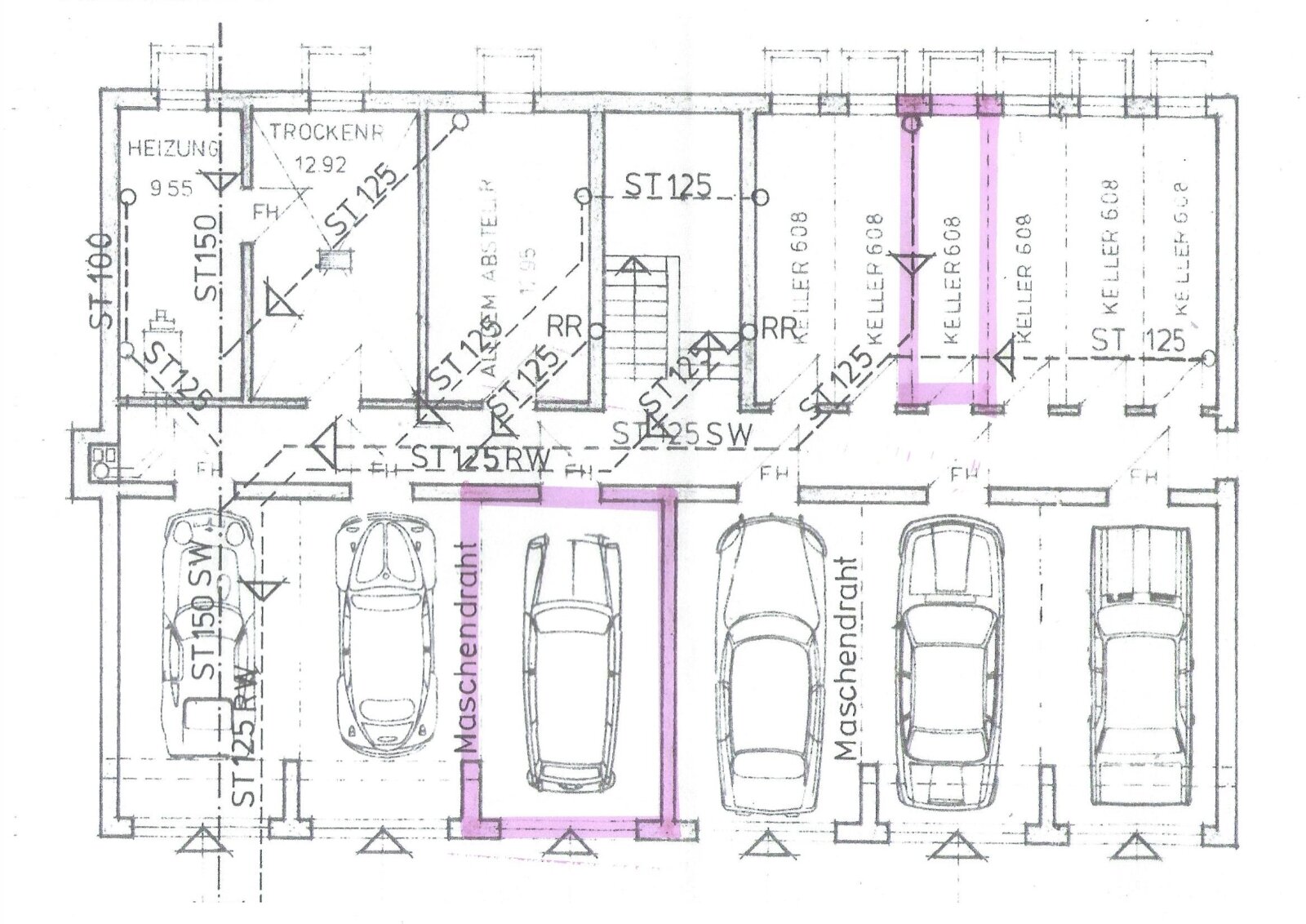 Grundriss Kellergeschoss, Garage + Keller